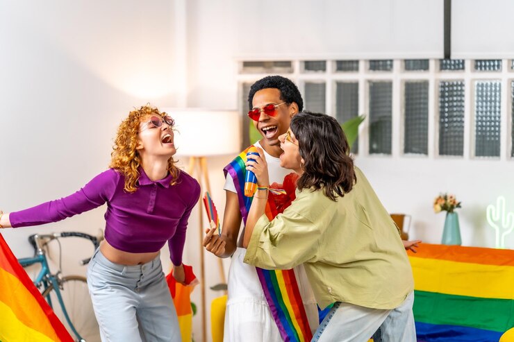 Multiethnic gay friends singing karaoke celebrating pride at home